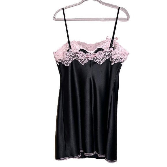 Victoria's Secret Angels Black Satin Pink Lace-Ribbon Slip Dress SZ Large Womens - Picture 7 of 16